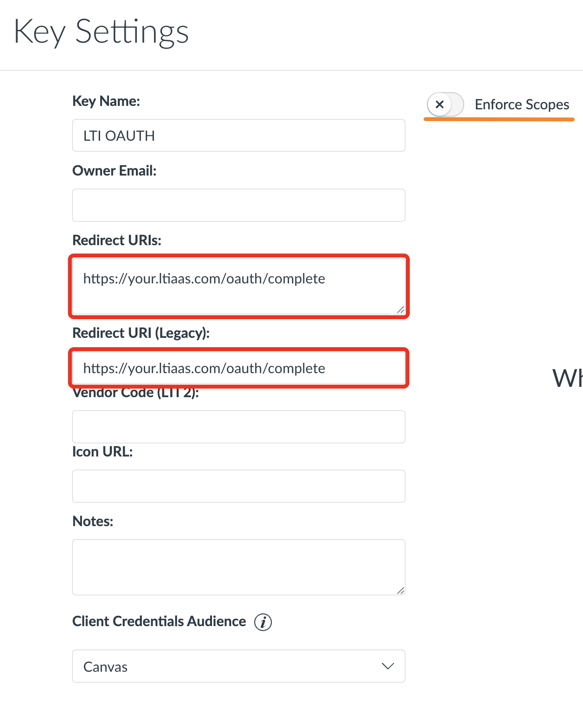 Canvas Developer Key Settings
