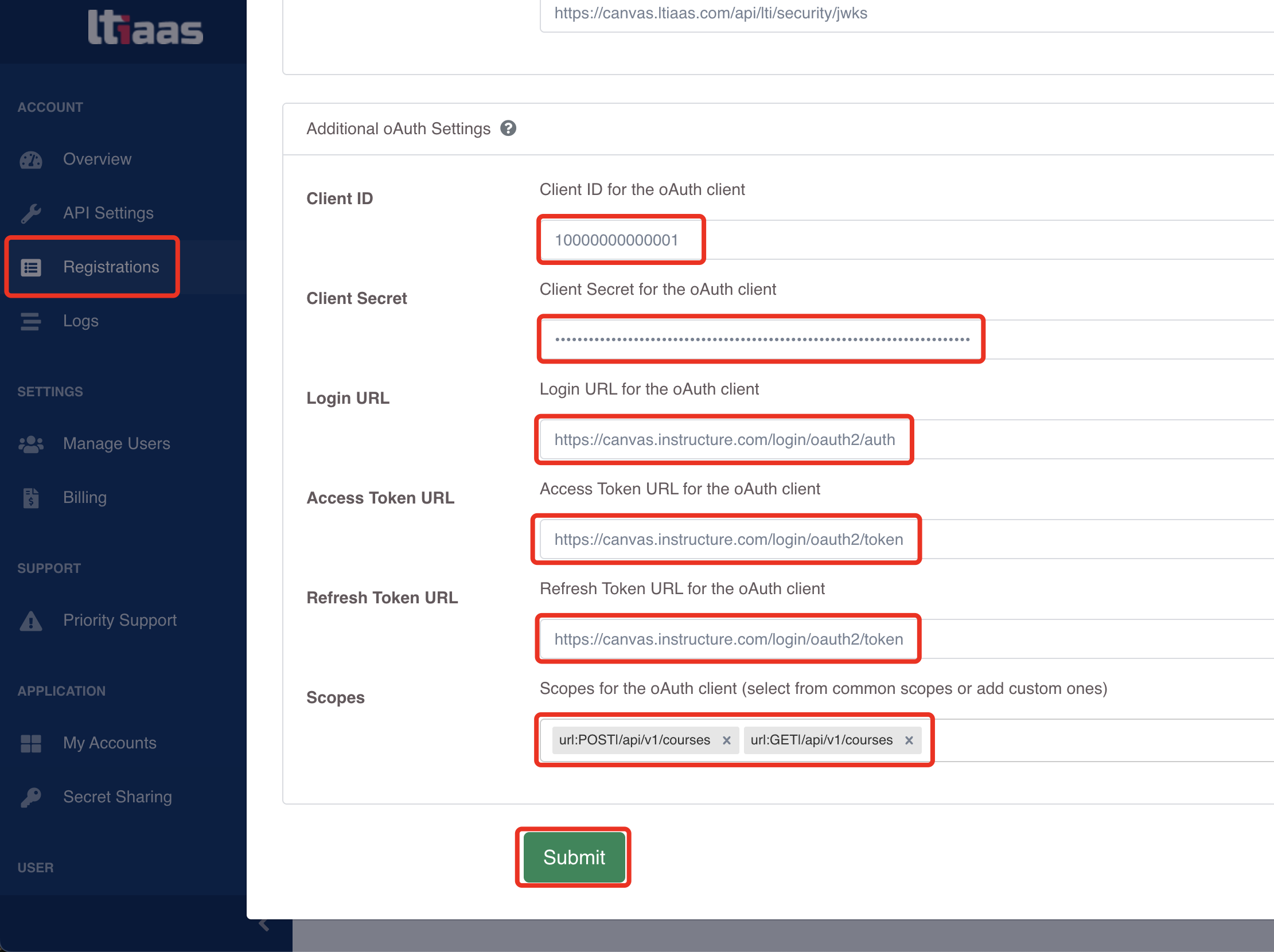 LTIAAS Portal Registration Settings